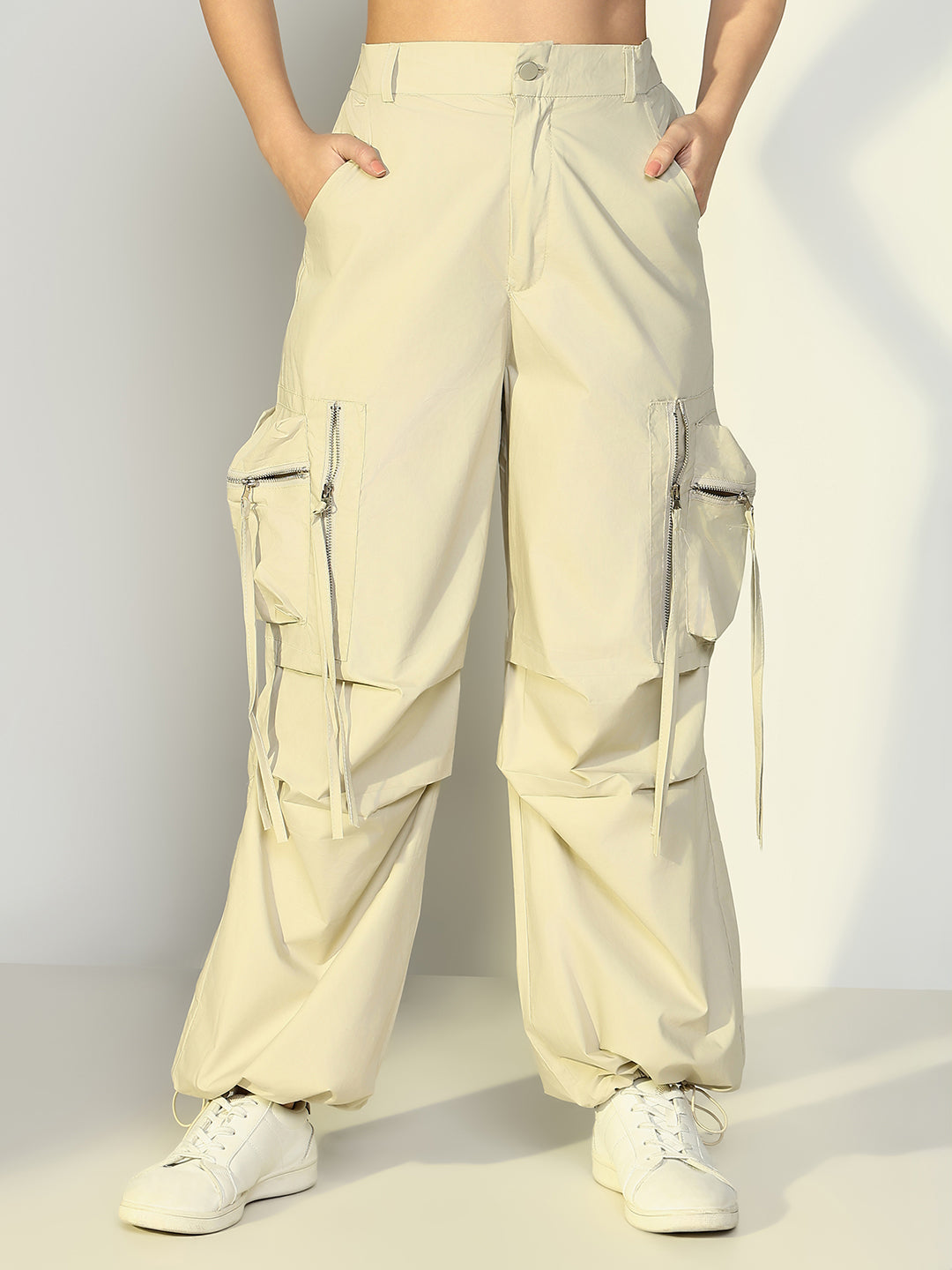 Women's Beige Parachute Pants with Side Pocket and Zip Detail