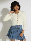 Women's Off White Ribbed Fuzzy Shirt Style Top with Gold Buttons