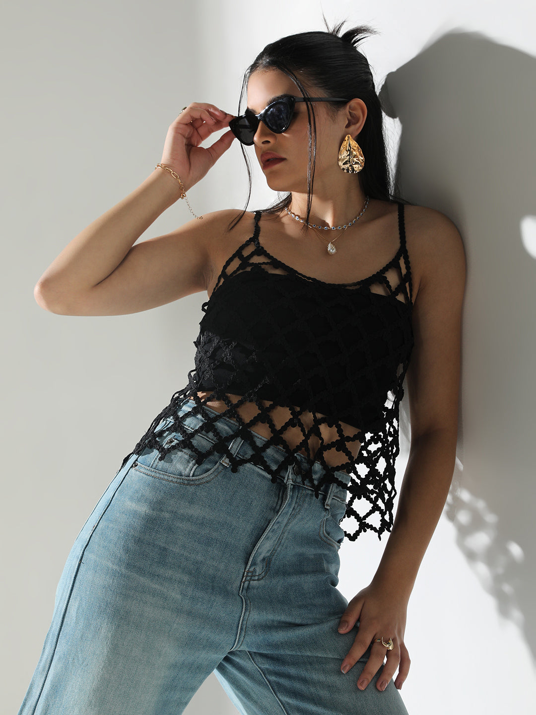 Women's Textured Cut Out Black V-Neck Top