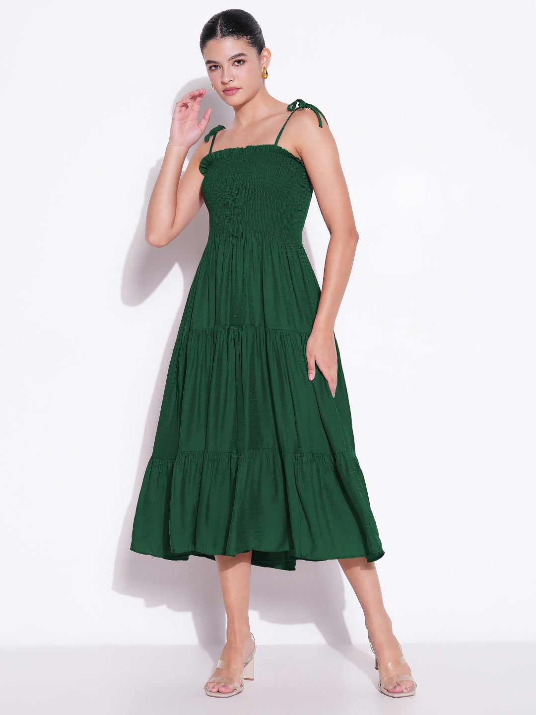 Women's Green Solid Fit and Flare Dress
