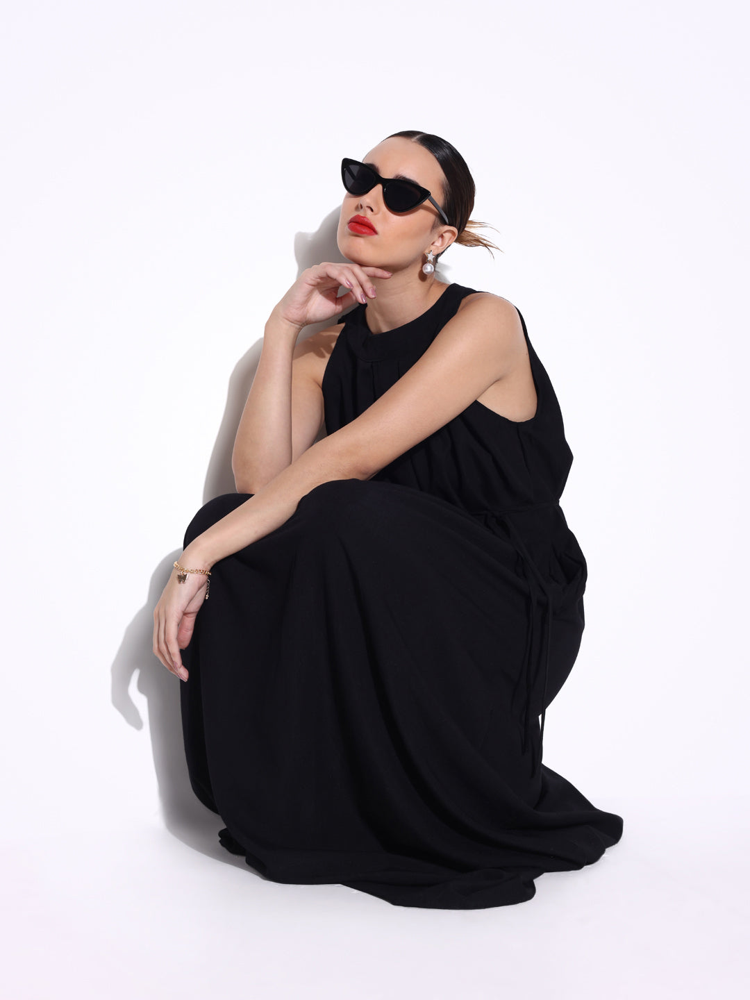 Women's Black Maxi Dress with Waist Tie