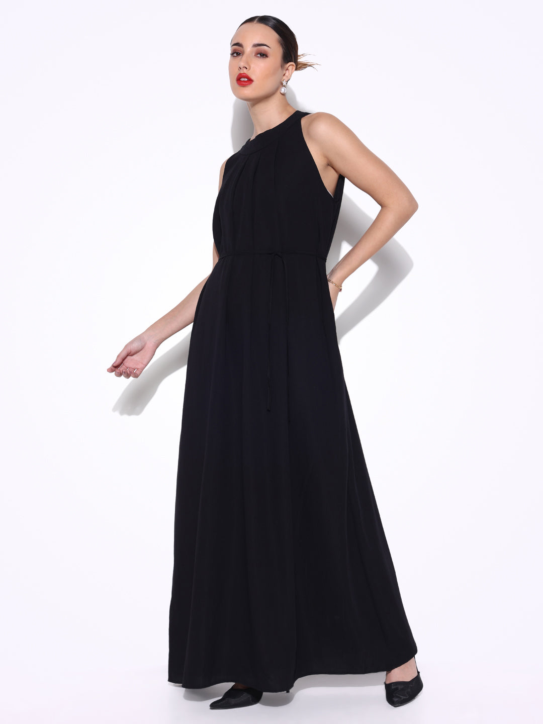 Women's Black Maxi Dress with Waist Tie
