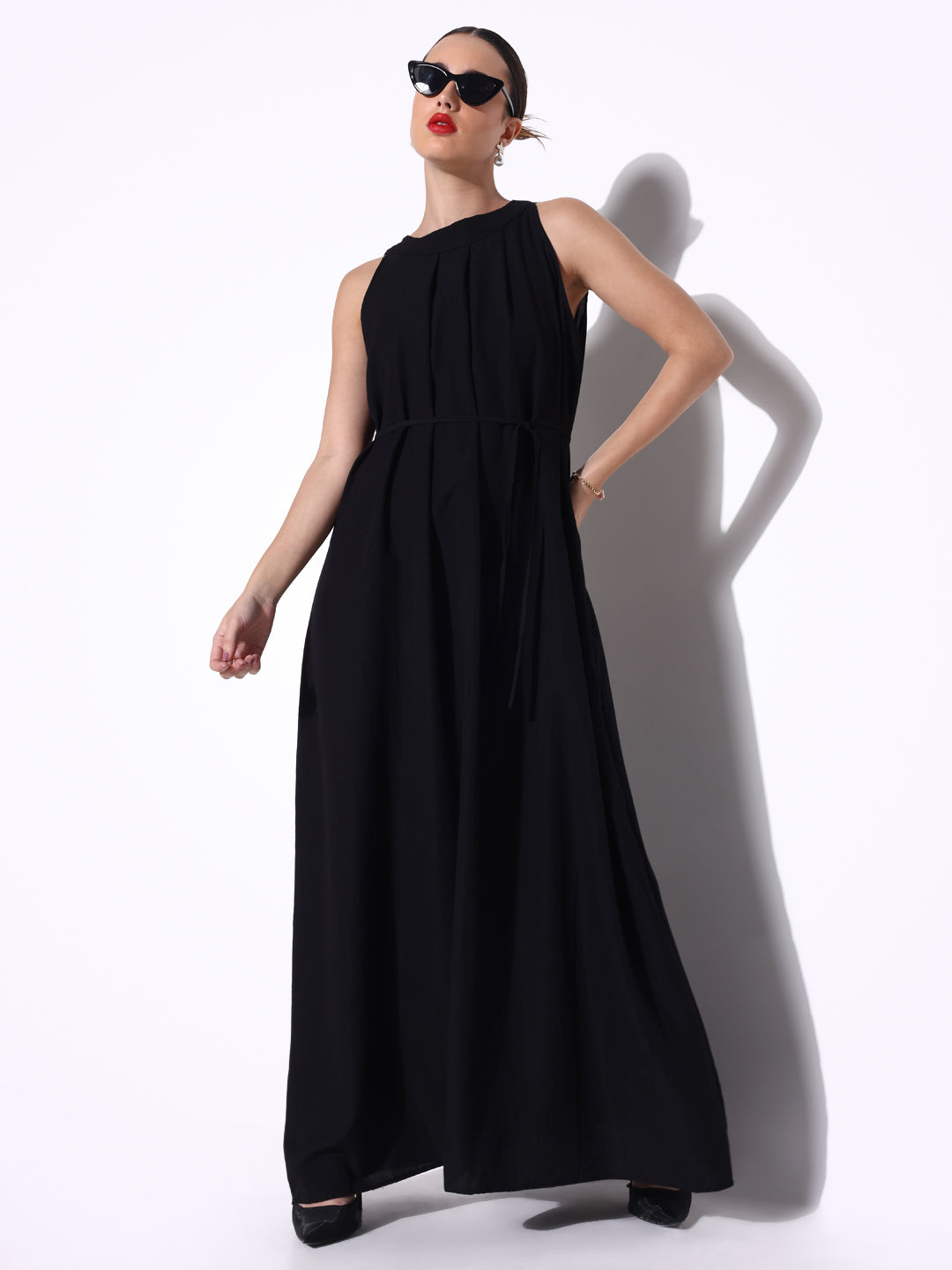 Women's Black Maxi Dress with Waist Tie