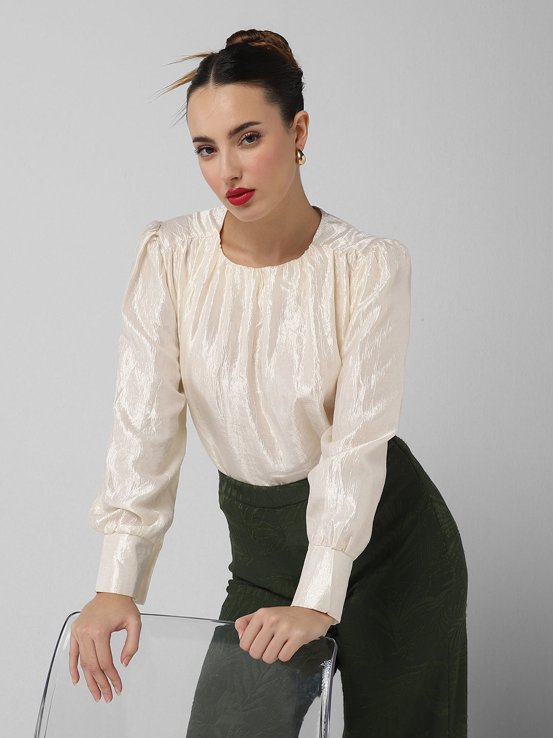 Women's Cream Cuffed Sleeve Top