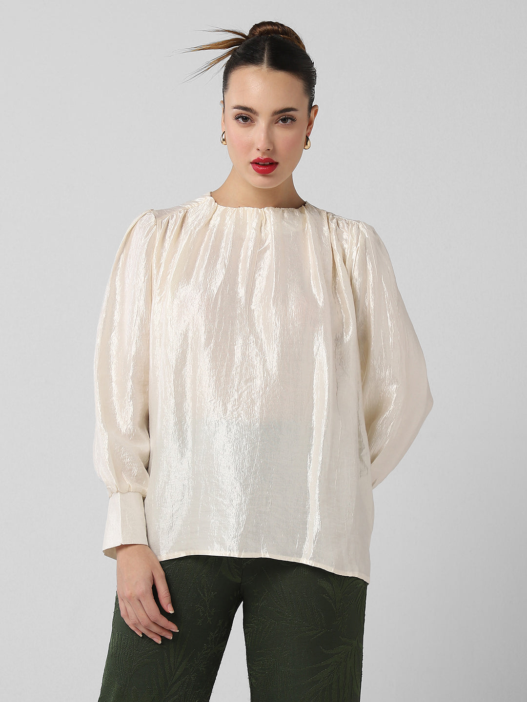 Women's Cream Cuffed Sleeve Top