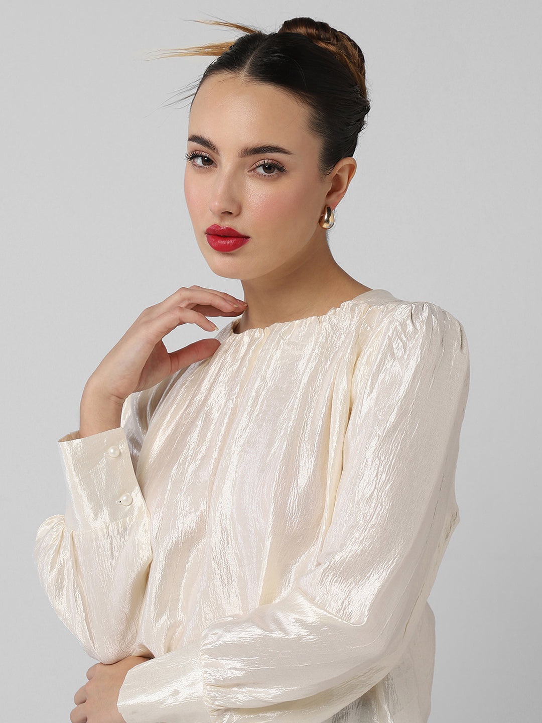 Women's Cream Cuffed Sleeve Top