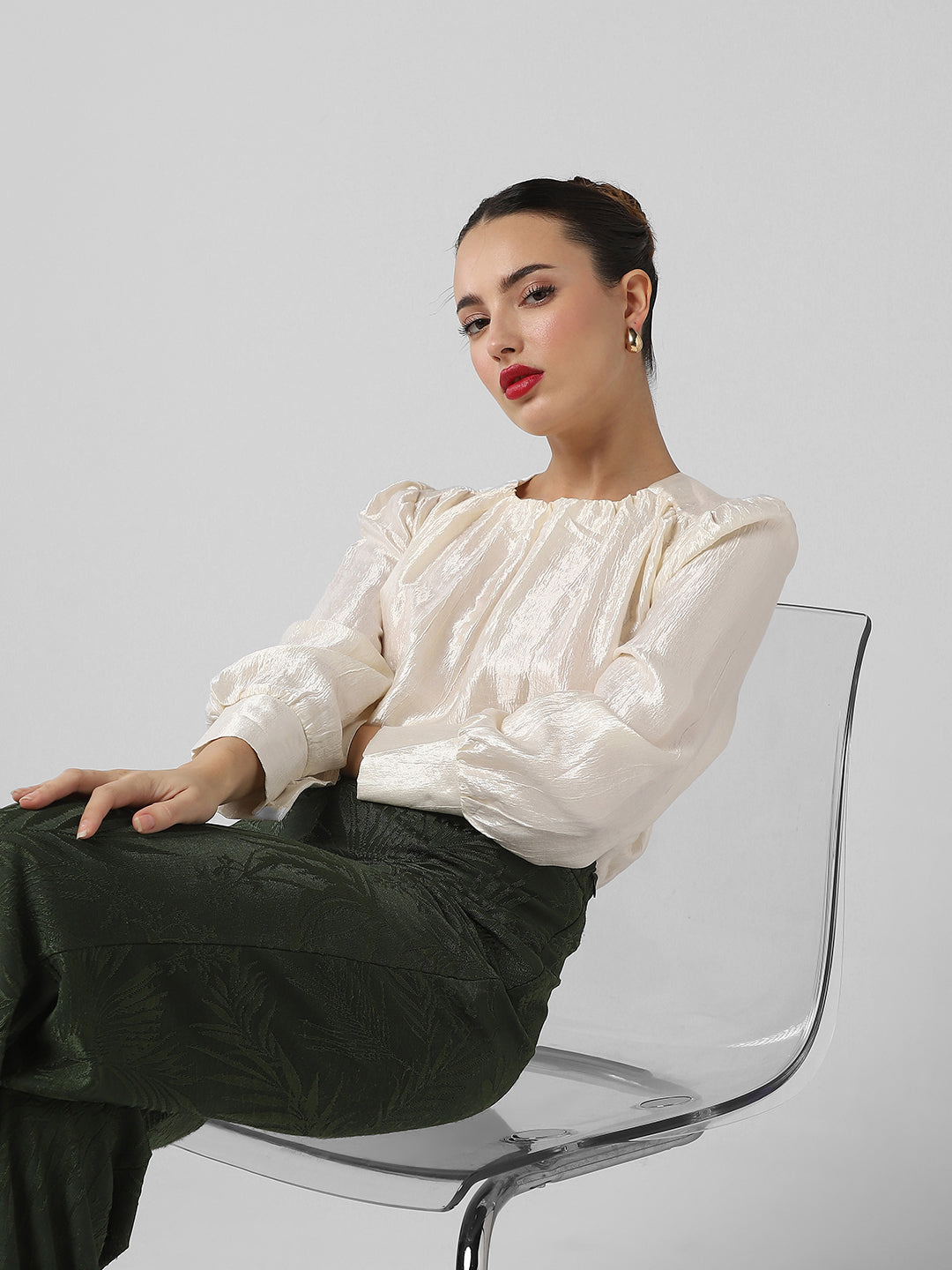 Women's Cream Cuffed Sleeve Top