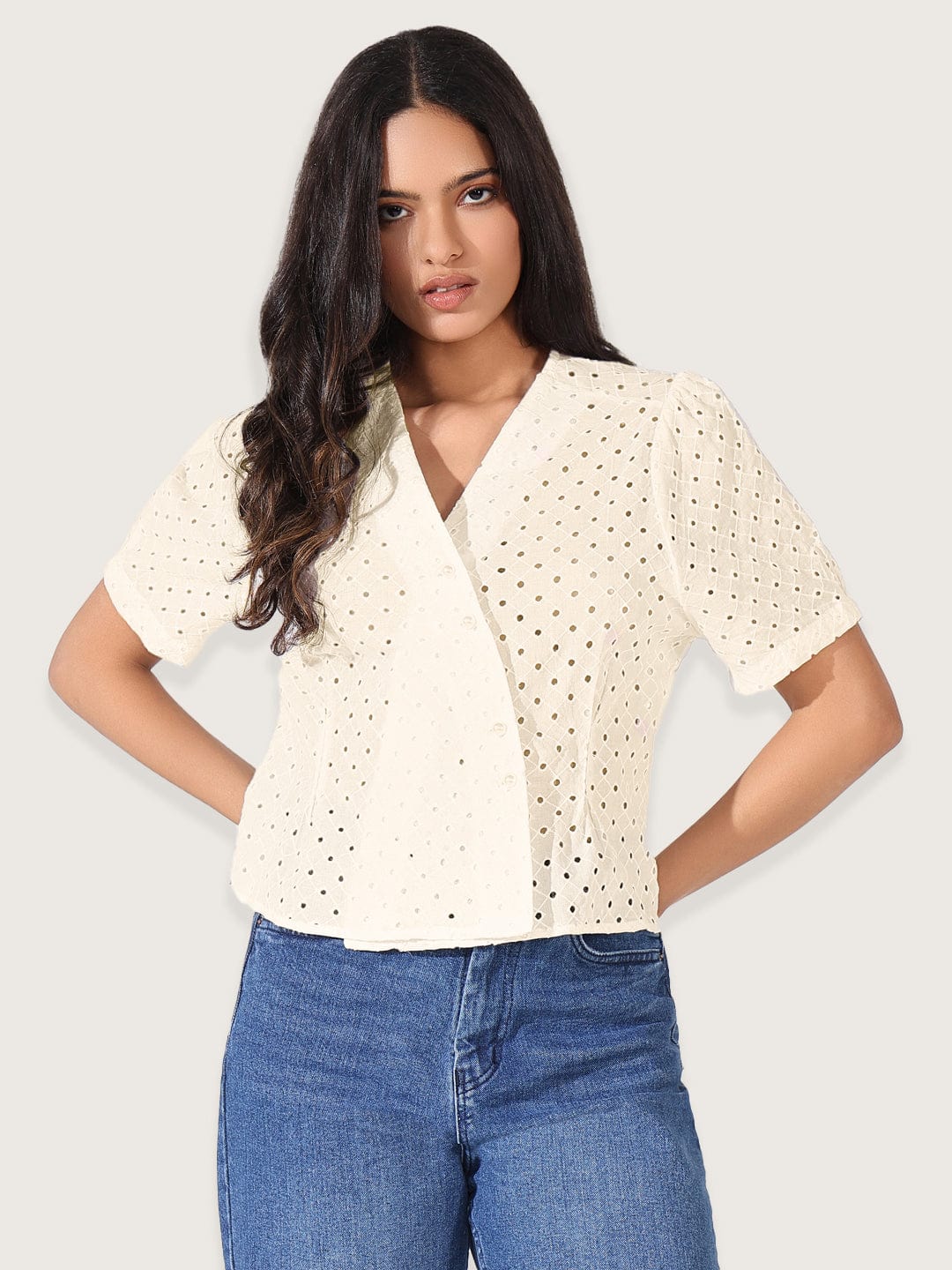 Women's Cream V-Neck Top