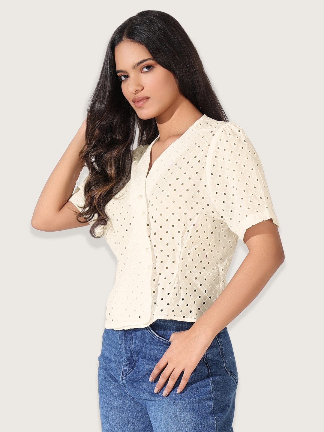 Women's Cream V-Neck Top