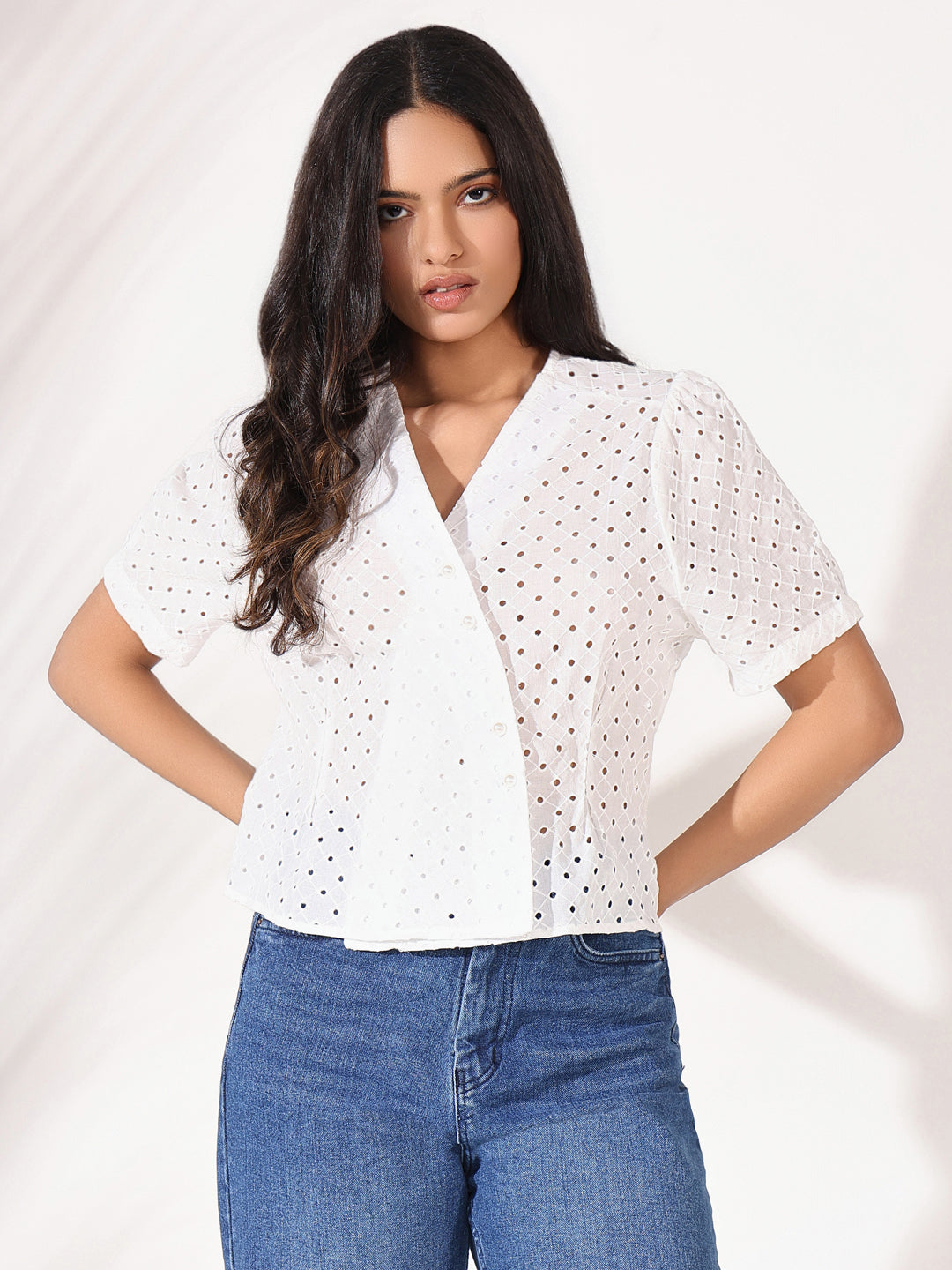 Women's Off White Solid Schiffli Top