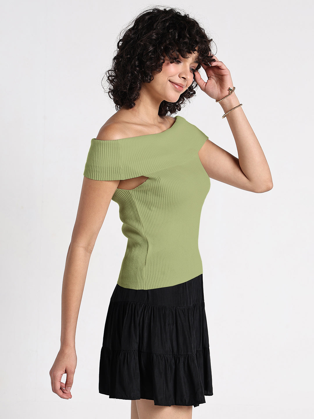 Women's Ribbed Green Off-Shoulder Top