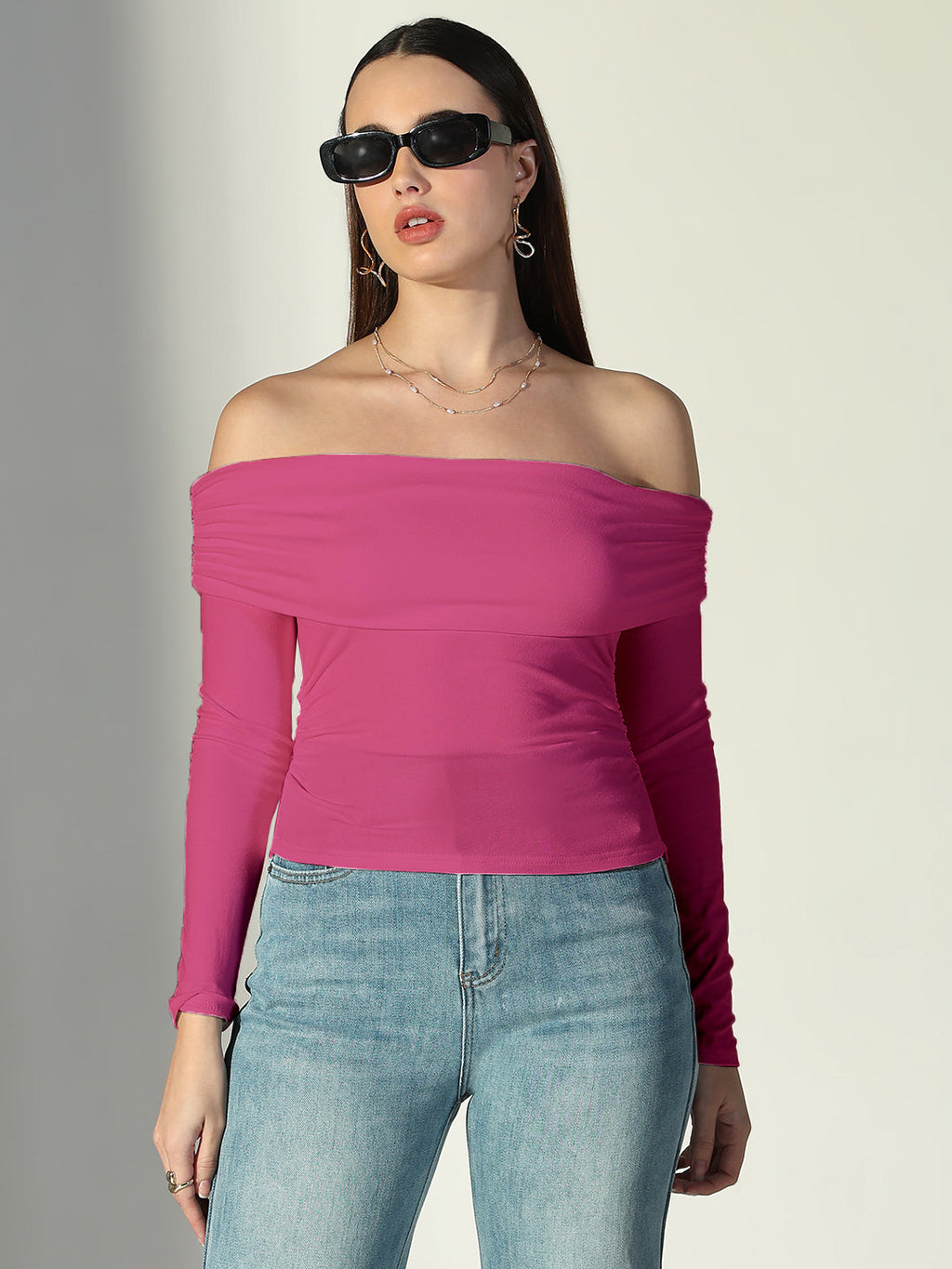 Women's Solid Pink Off-Shoulder Top