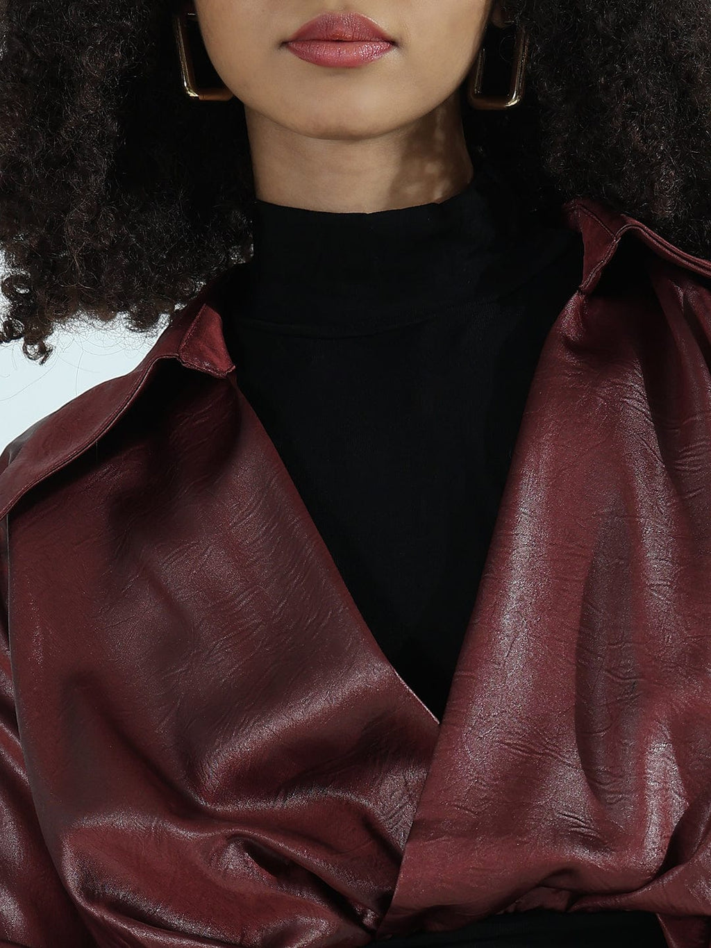 Women's Maroon Faux Leather Shirt Style Crop Top