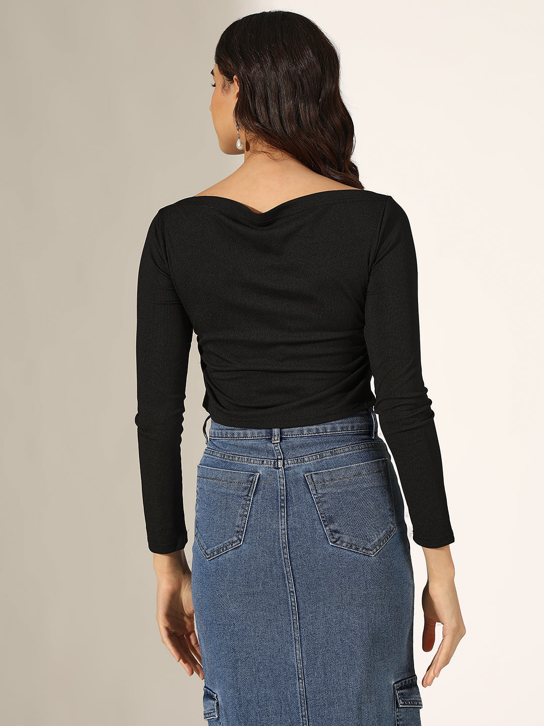 Women's Ribbed Black Ruched Top with Flower Applique Detail