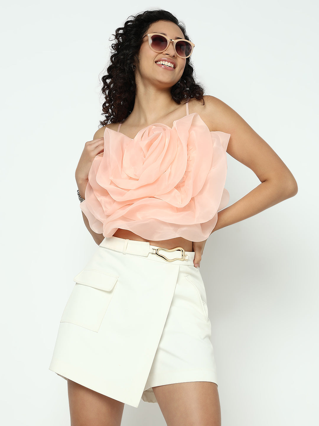 Women's Peach Sleevless Crop Top with 3D Floral Ruffled Detail