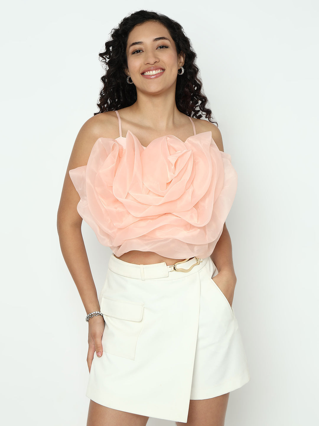 Women's Peach Sleevless Crop Top with 3D Floral Ruffled Detail