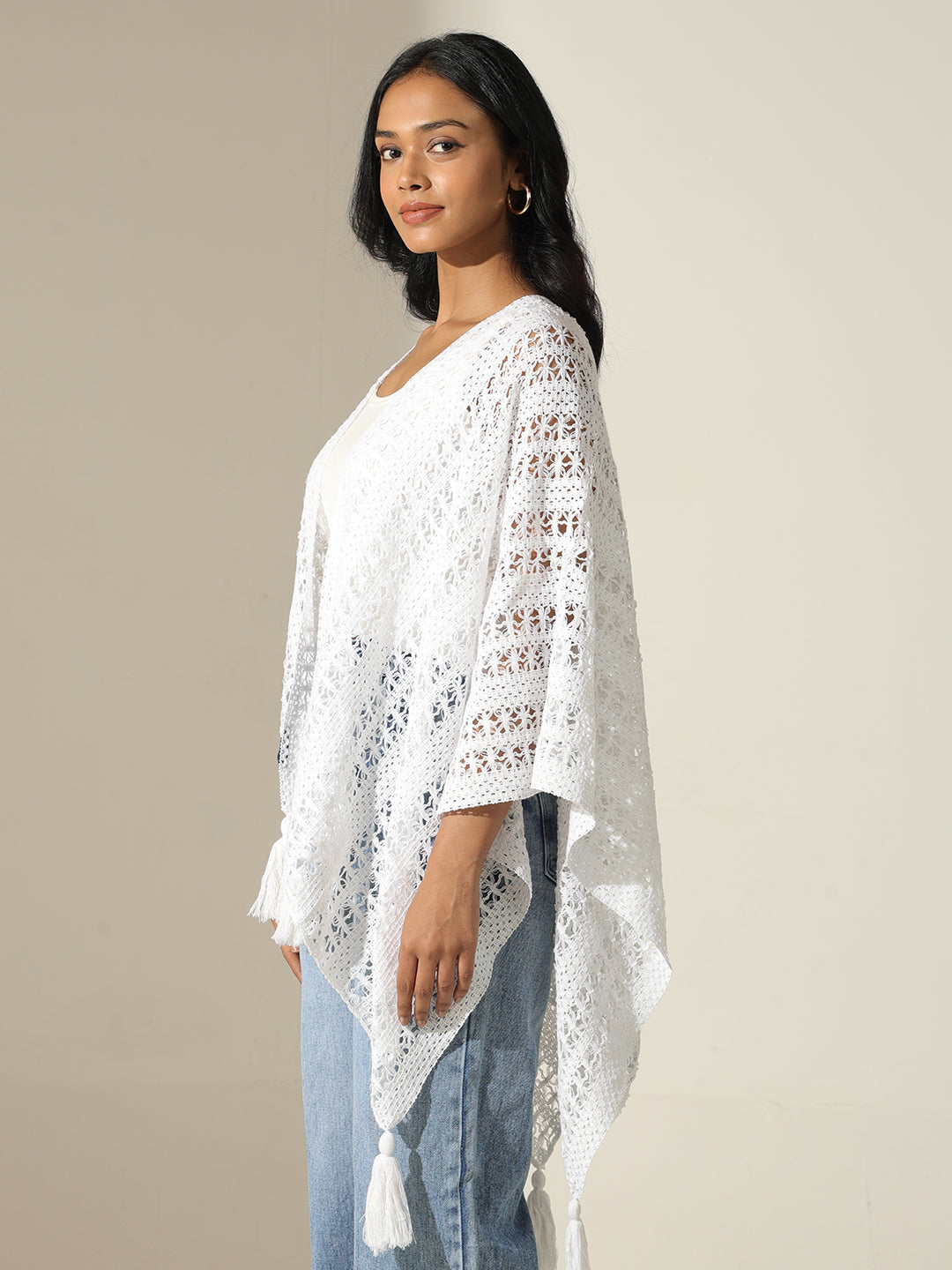 Women's Crochet White Open Front Top with Tassel Detail