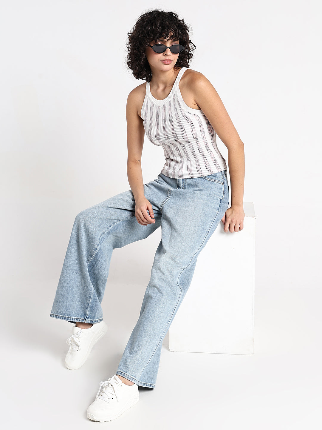 Women's Striped Ribbed Knit Halter Tank Top