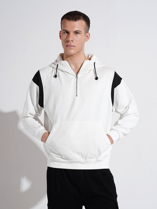 Men's Colourblocked White Ribbed Regular Fit Zip Up Hoodie