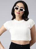 Women's Off White Self Design Fitted Crop Top