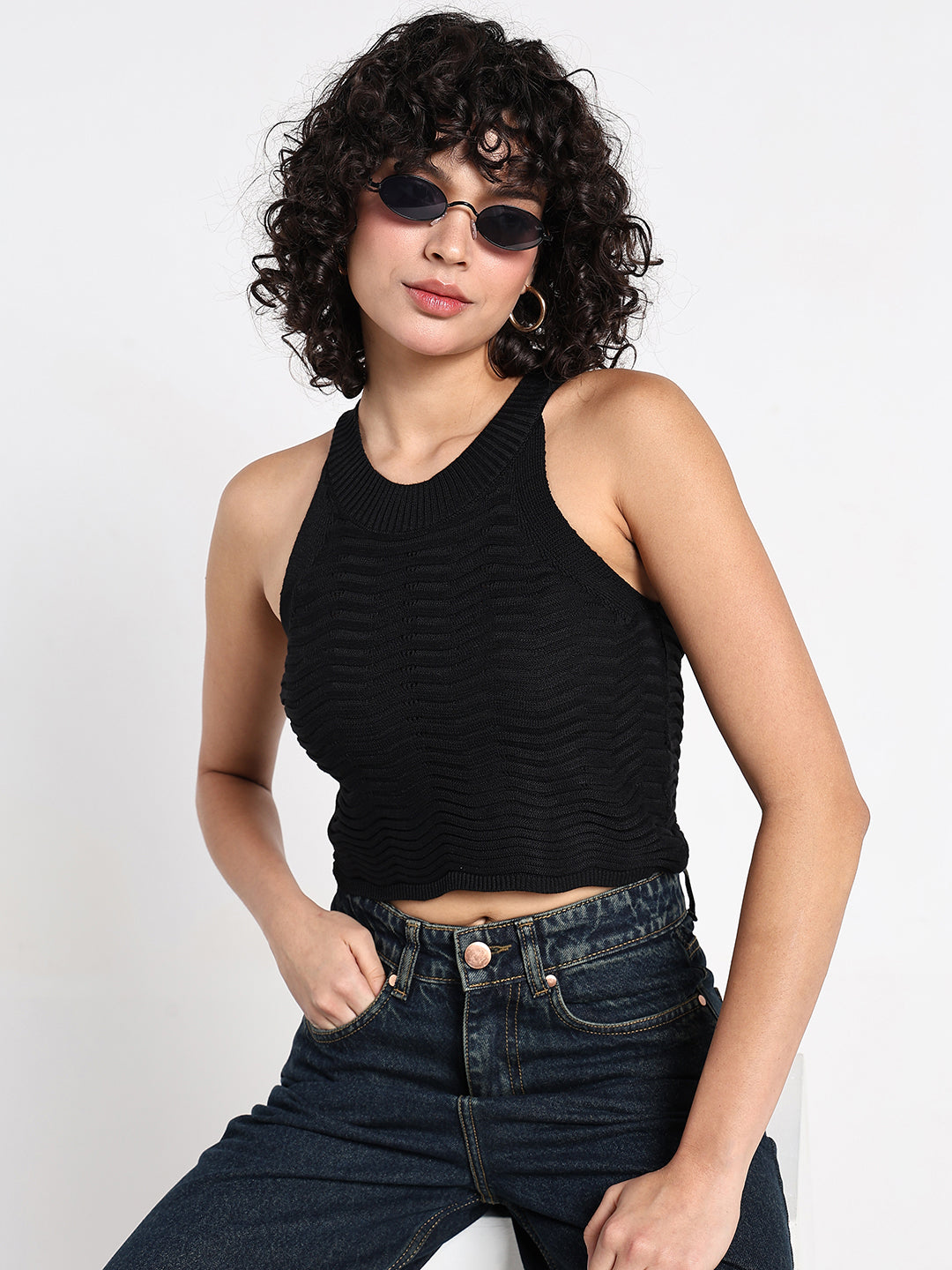 Women's Textured Black Ribbed Halter Crop Top