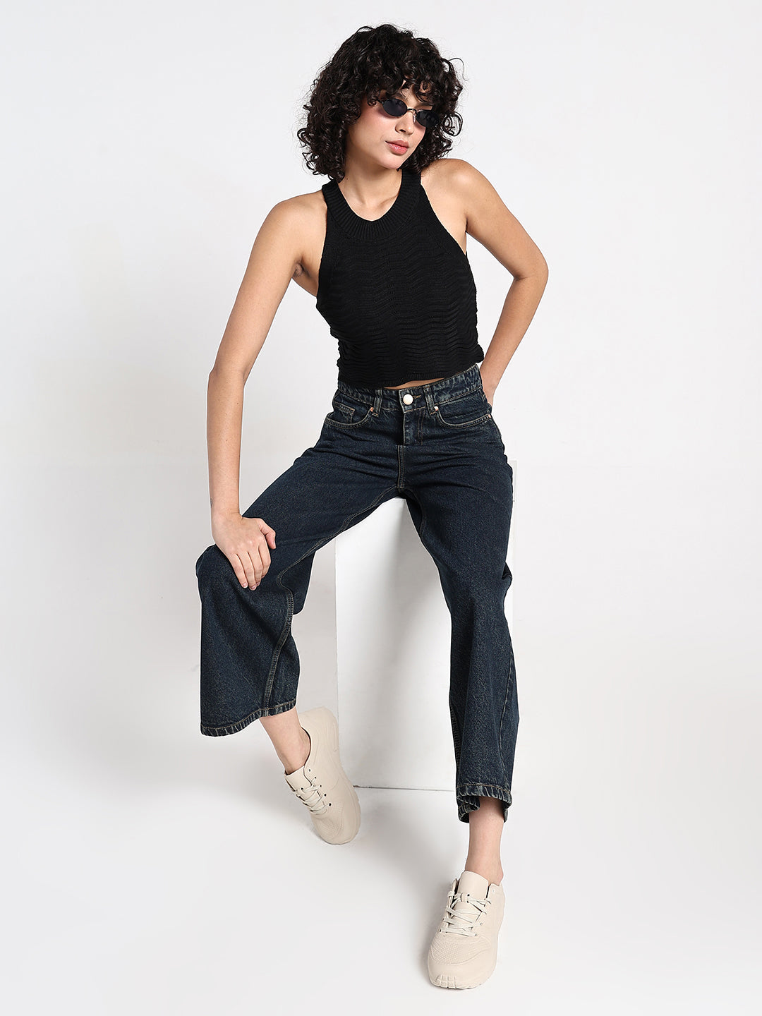 Women's Textured Black Ribbed Halter Crop Top