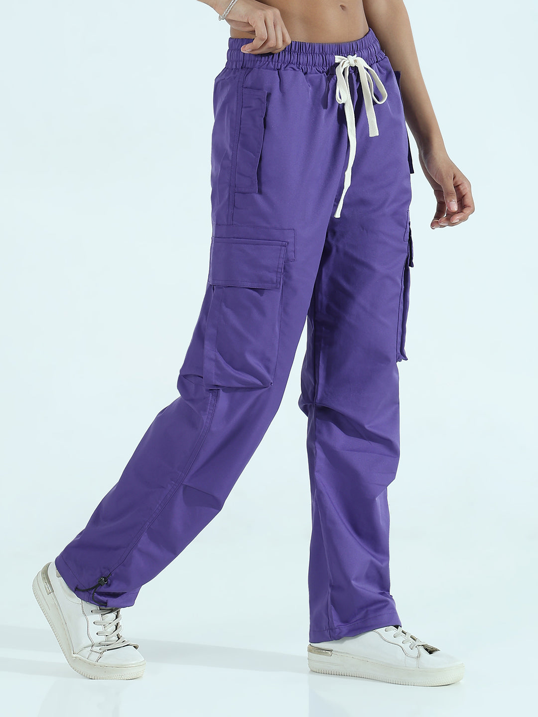 Women's Purple Solid Loose Fit Cargos Trouser