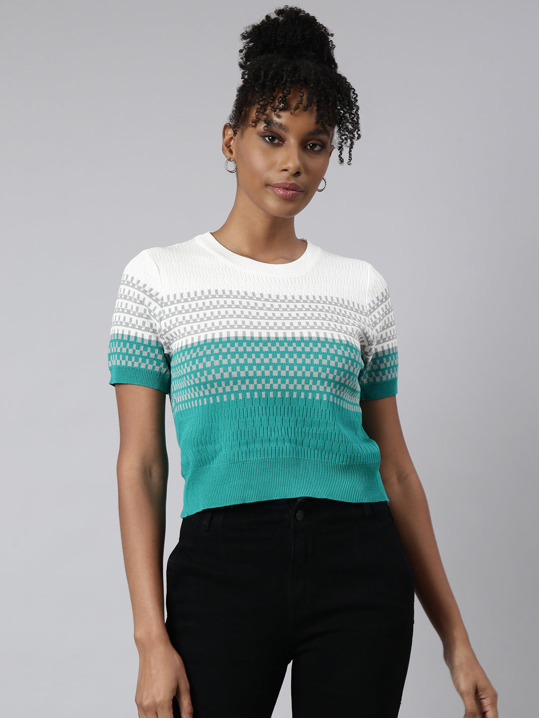 Women's Turquoise Blue Geometric Fitted Top