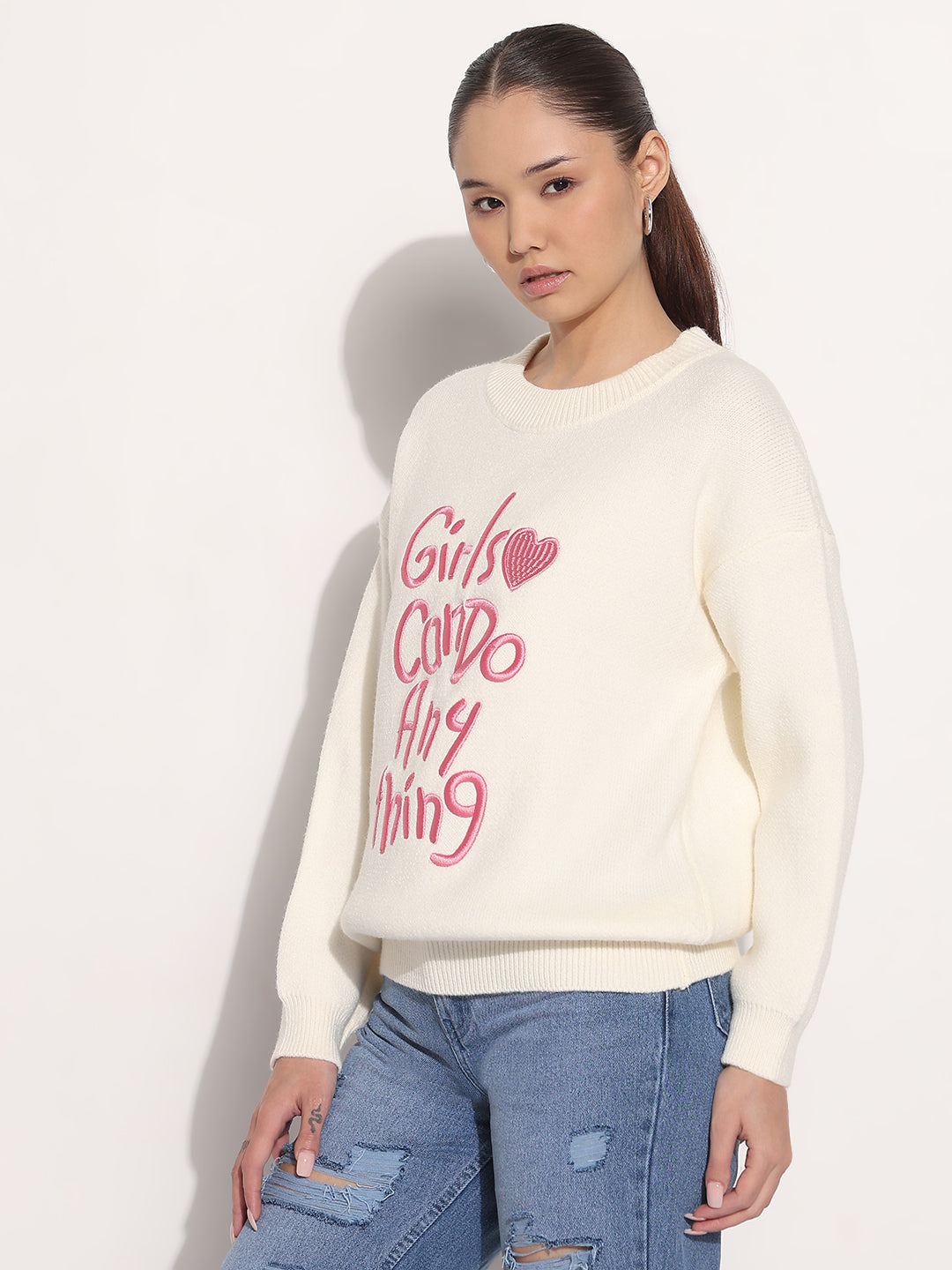 Women's Embroidered Cream Round Neck Knitted Pullover Top