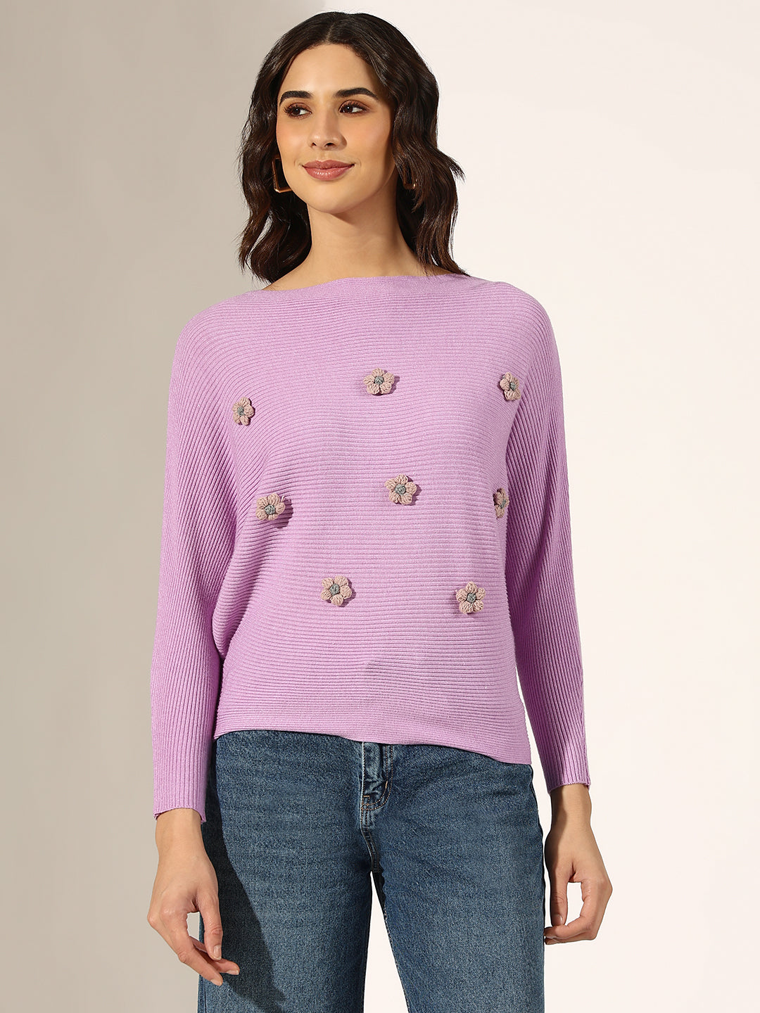 Women's Ribbed Lavender Floral Applique Top