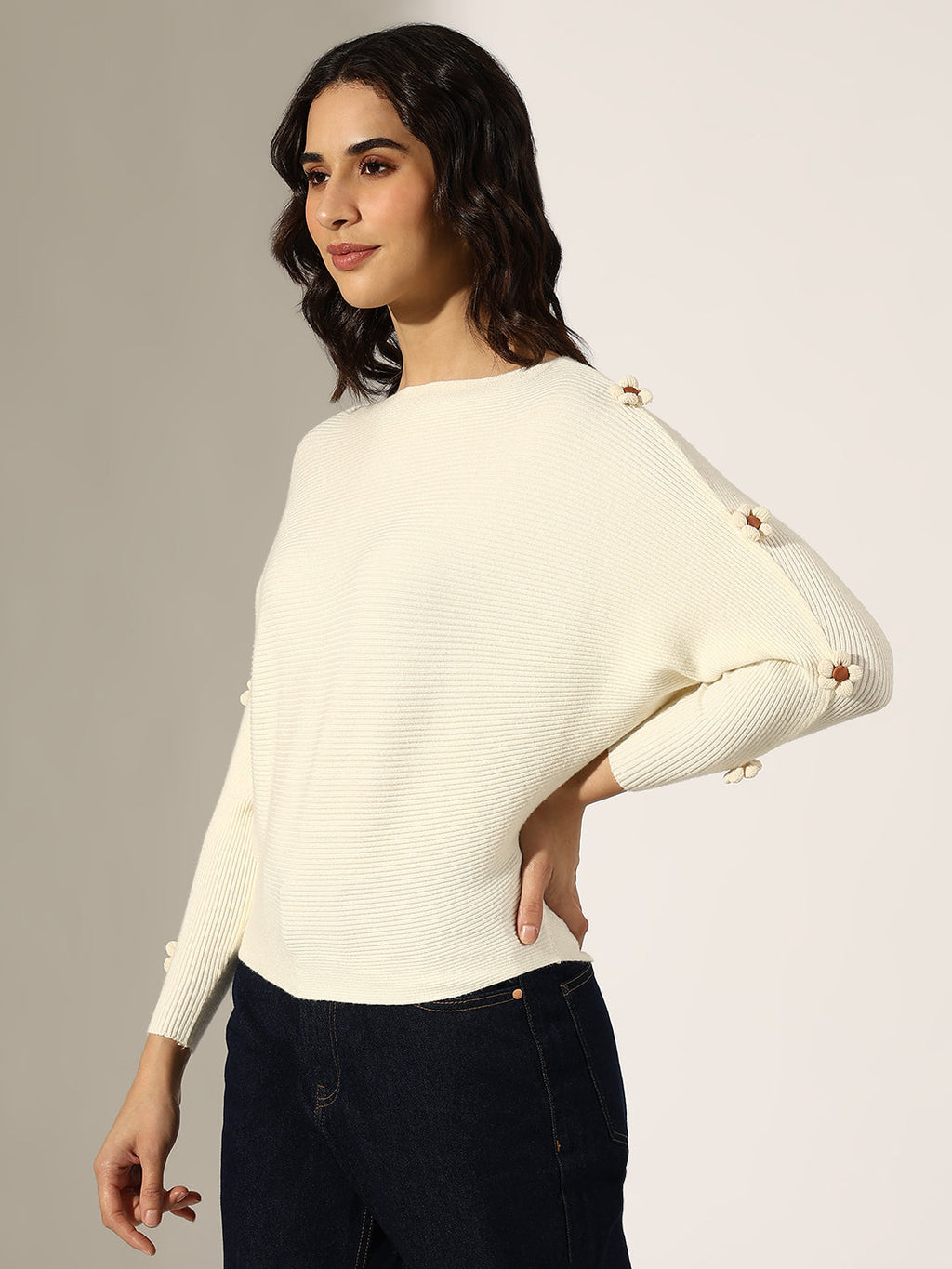 Women's Ribbed Cream Flower Applique Knit Batwing Top