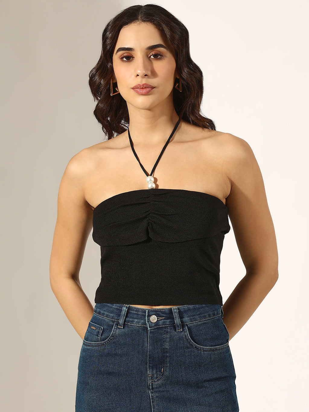 Women's Black Strapless Halter Crop Top