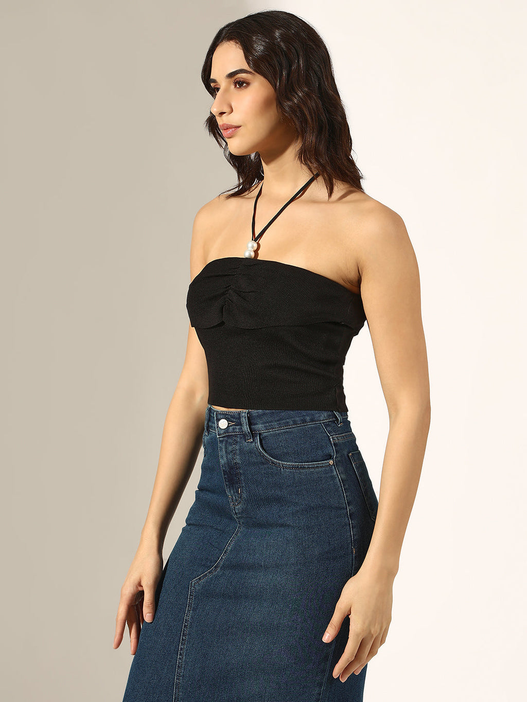 Women's Black Strapless Halter Crop Top