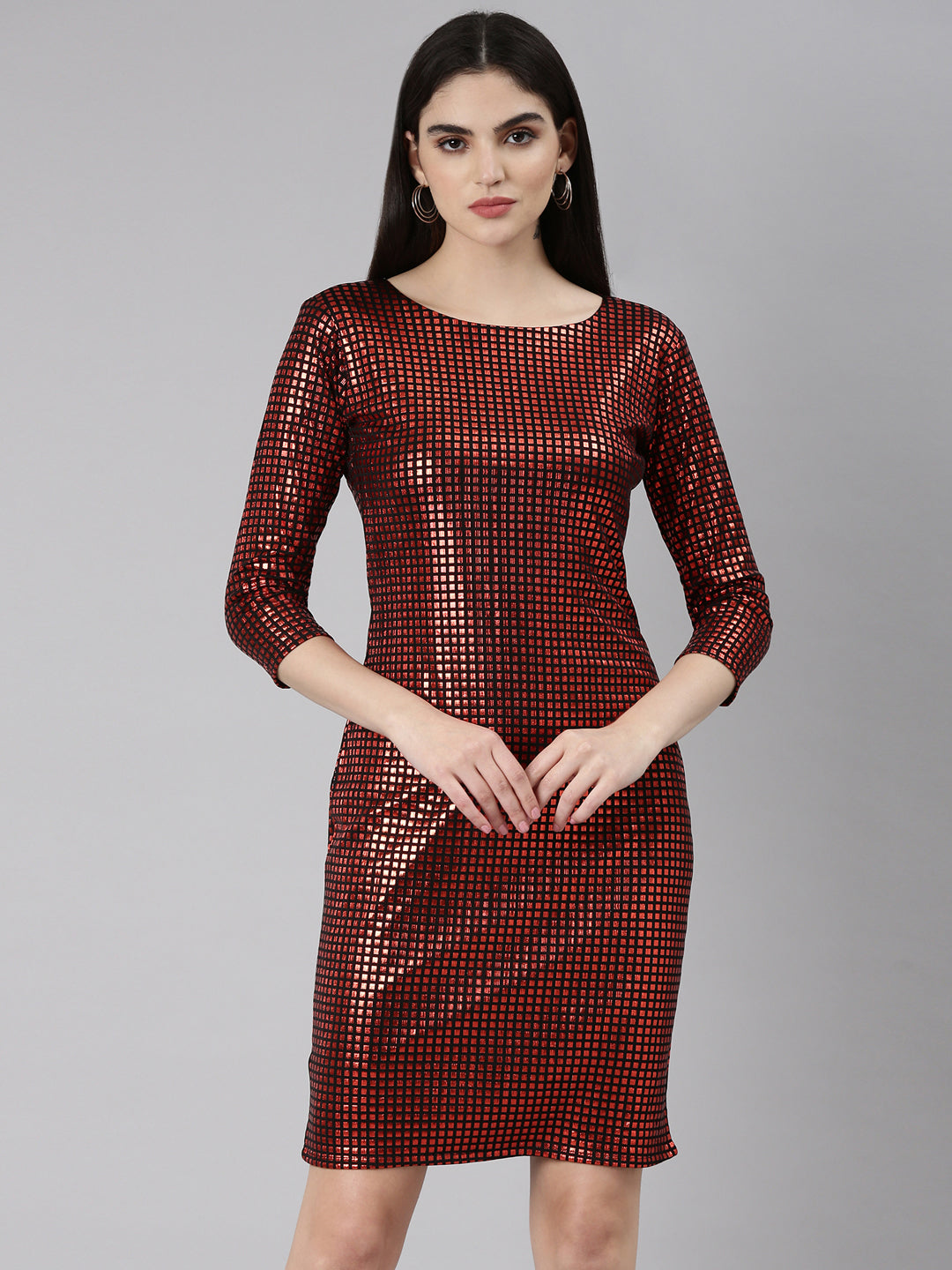 Women's Red Checked Sheath Party Dress