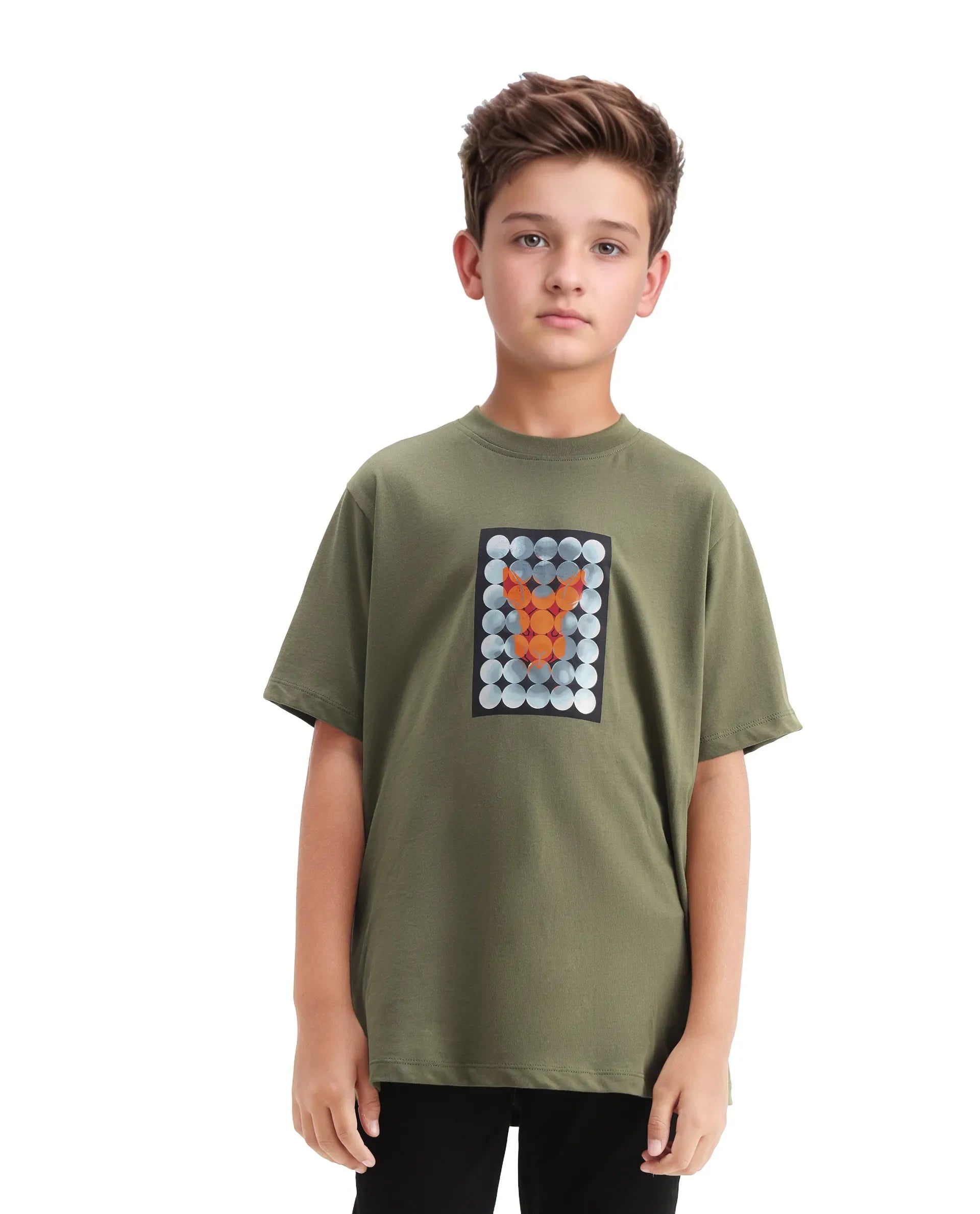 Rare Ones Kids Locon-K Olive Cotton Graphic Print Regular Fit T-Shirt