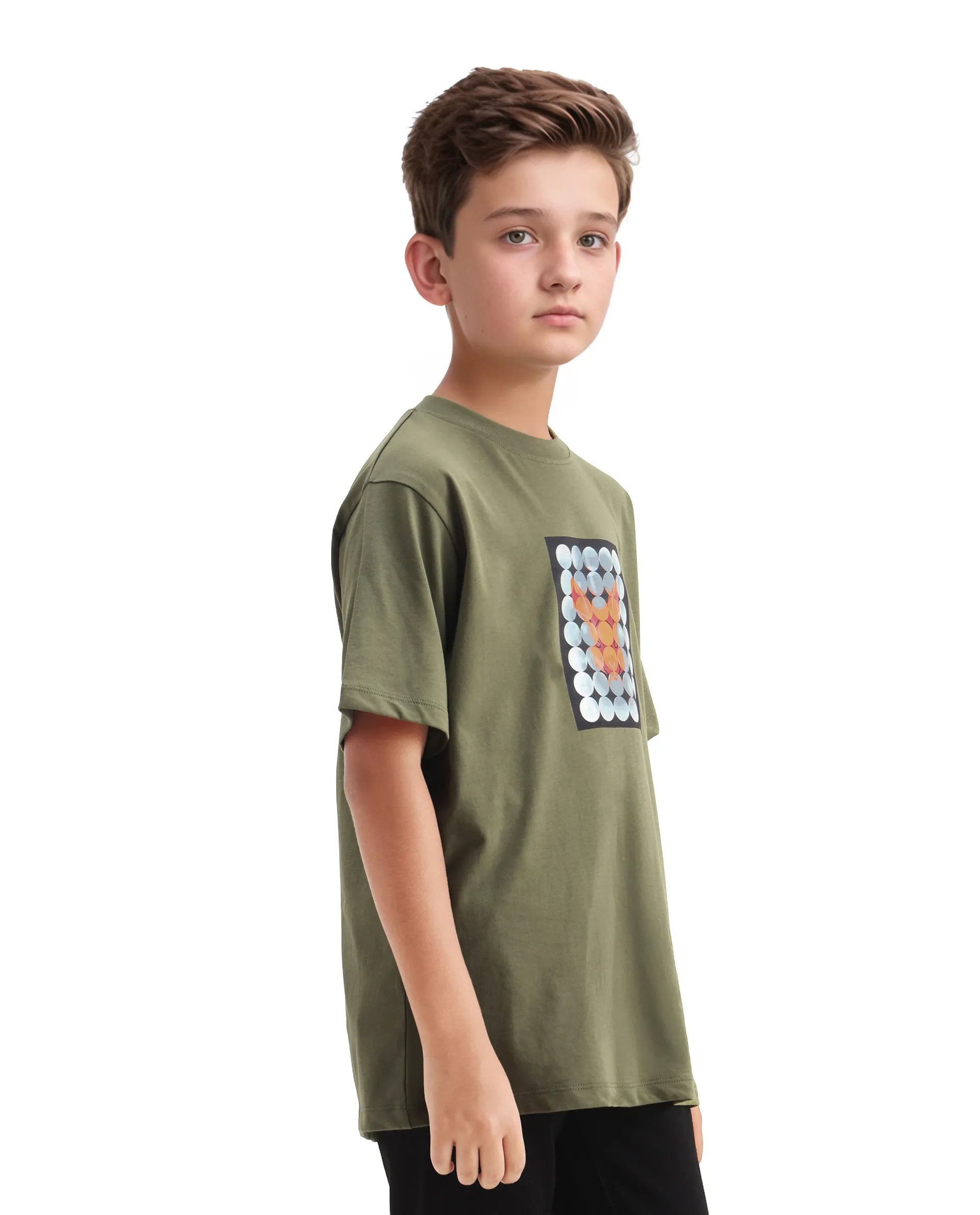 Rare Ones Kids Locon-K Olive Cotton Graphic Print Regular Fit T-Shirt