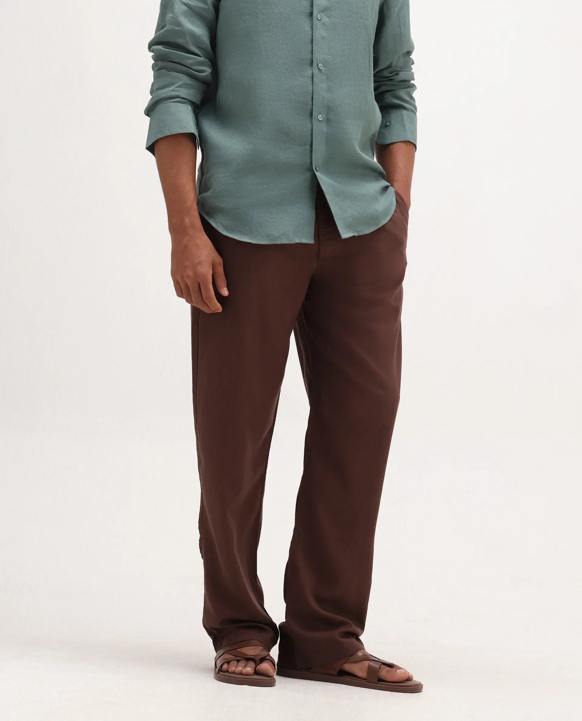Rare Rabbit Men's Coft-B Brown Linen Blend Plain Loose Fit Trouser
