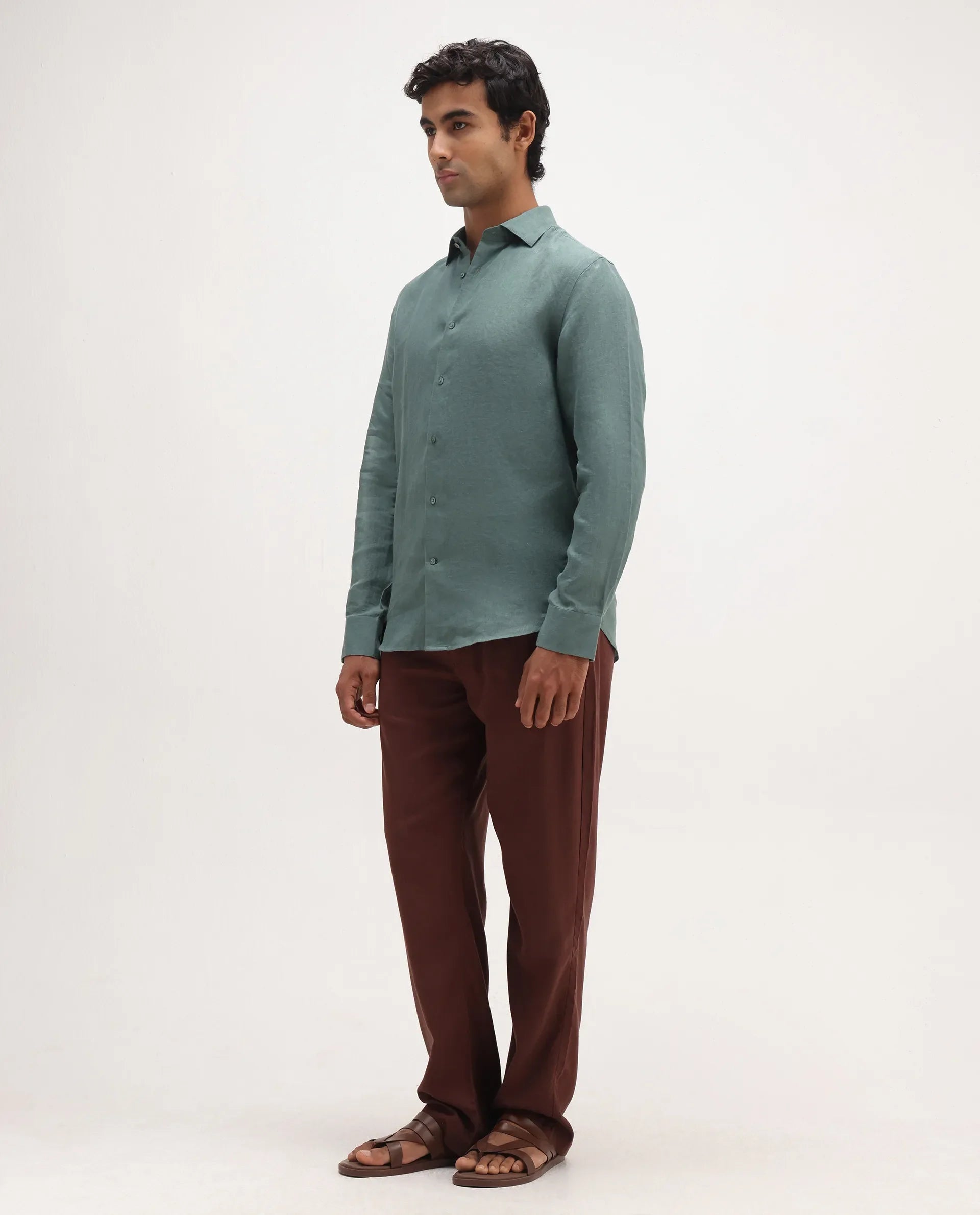 Rare Rabbit Men's Coft-B Brown Linen Blend Plain Loose Fit Trouser