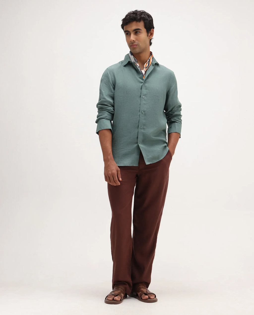 Rare Rabbit Men's Coft-B Brown Linen Blend Plain Loose Fit Trouser
