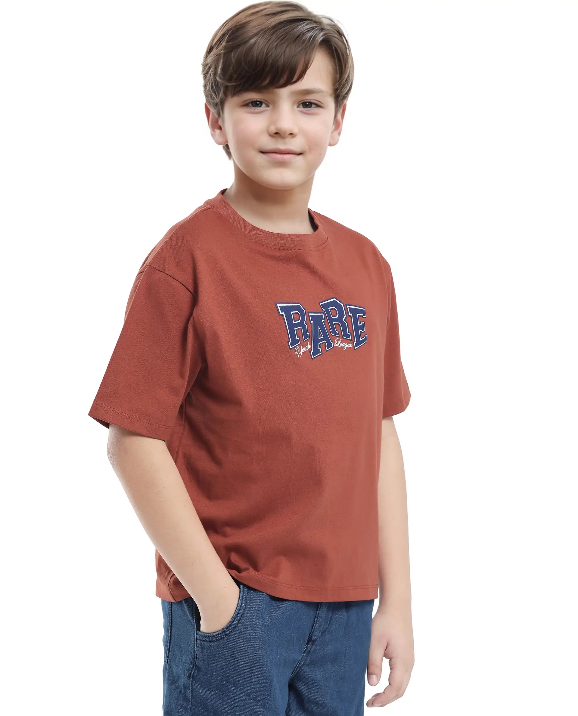 Rare Ones Kids Cole Rust Cotton Graphic Print Slip-On Oversized Fit T-Shirt