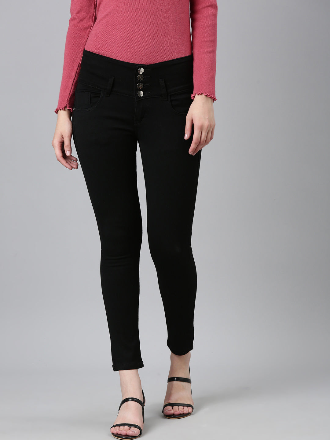 Women's Black Skinny Fit Mid-Rise Acid Wash Denim Cropped Jeans