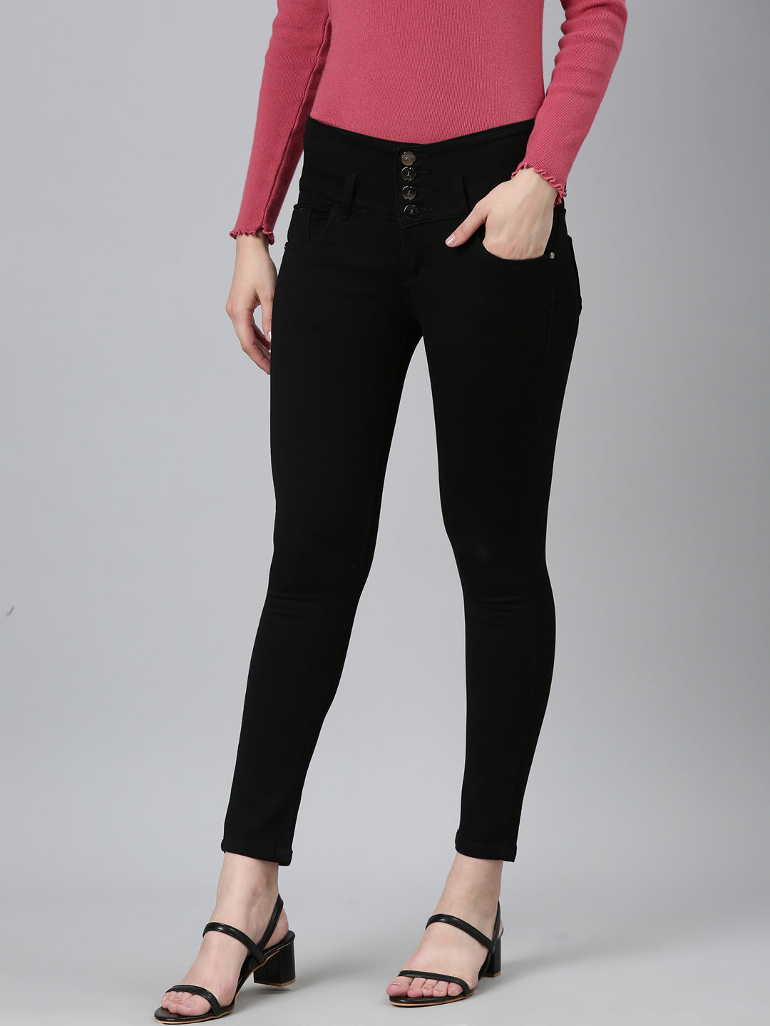 Women's Black Skinny Fit Mid-Rise Acid Wash Denim Cropped Jeans