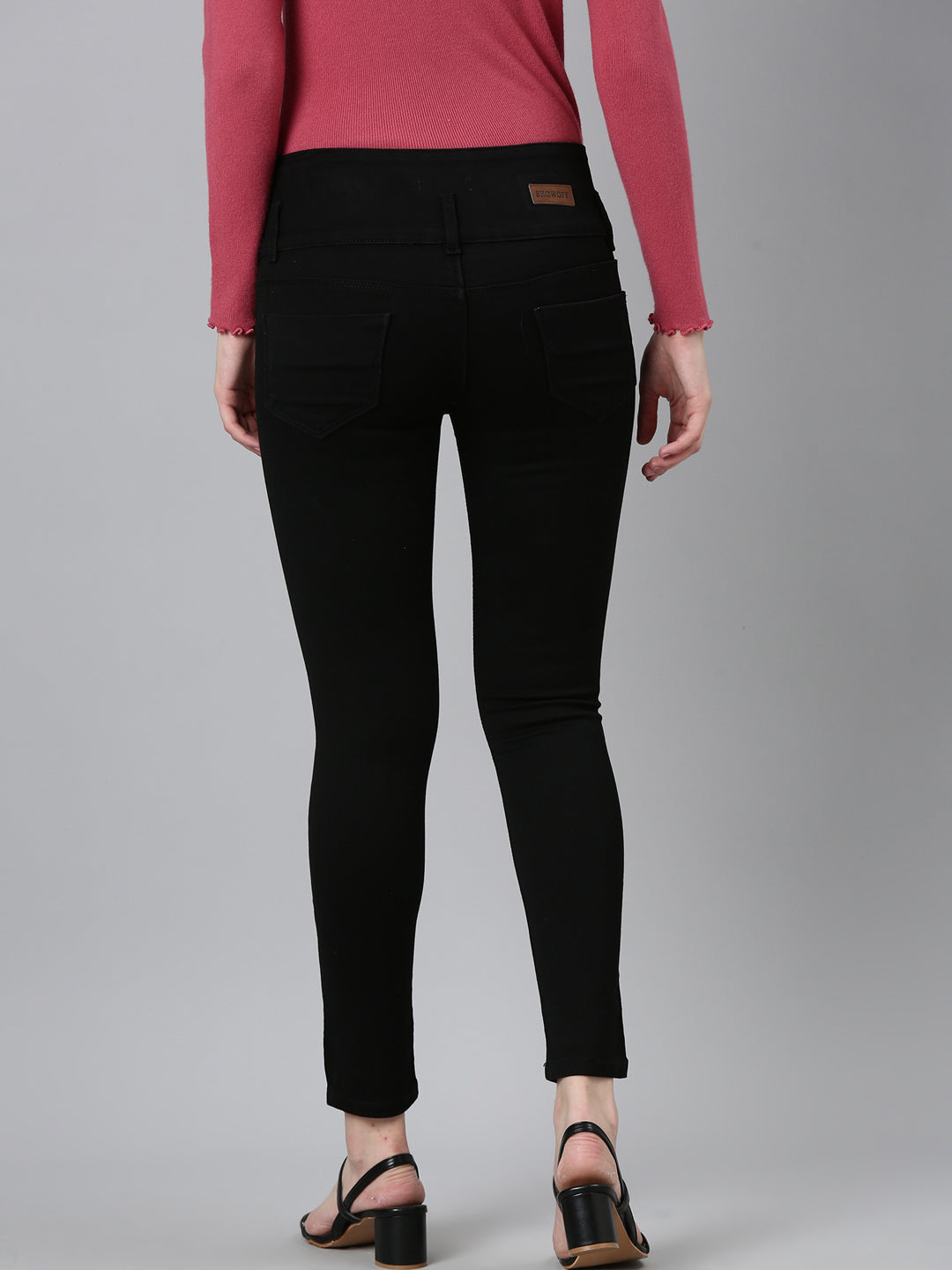 Women's Black Skinny Fit Mid-Rise Acid Wash Denim Cropped Jeans