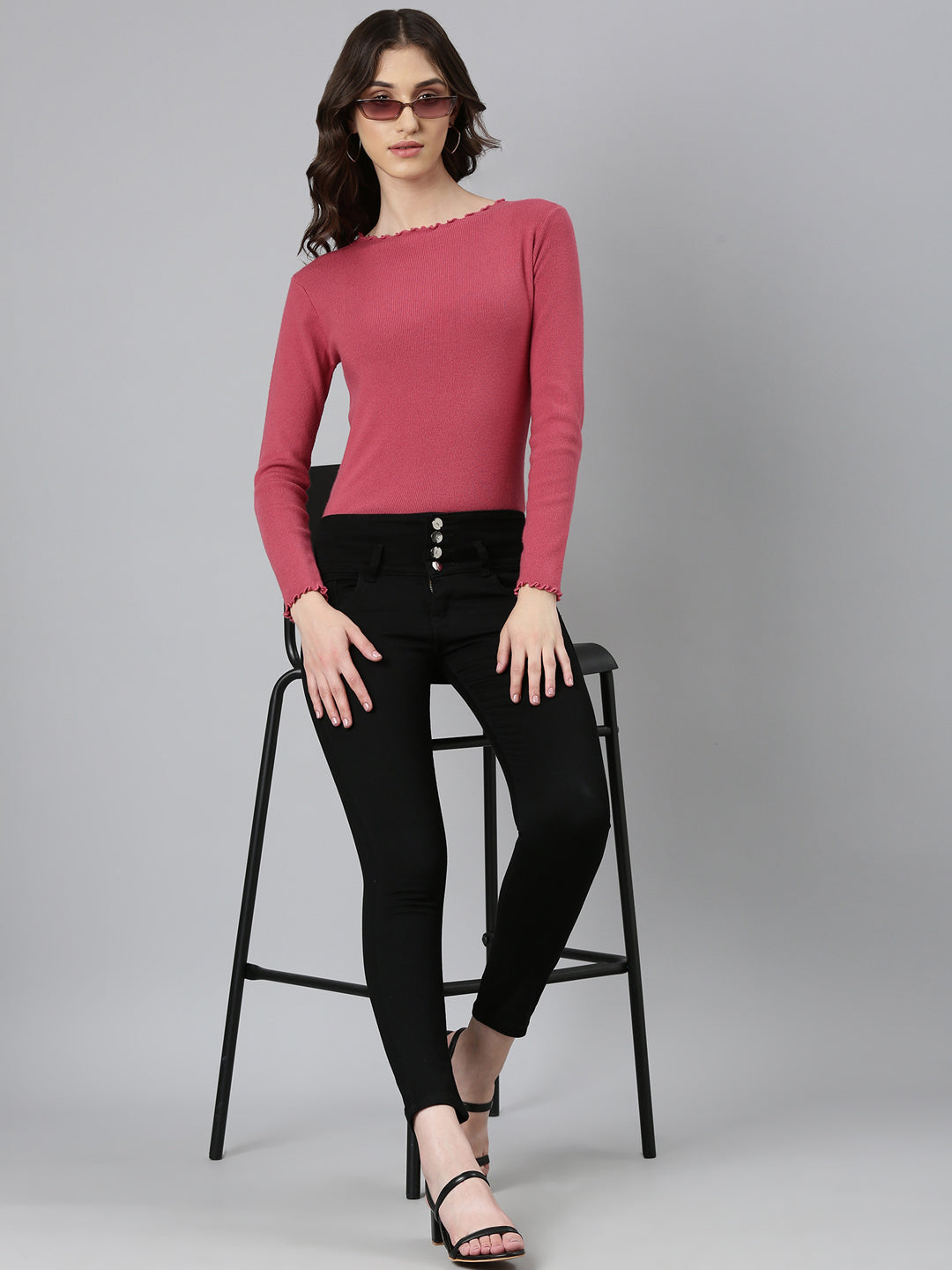Women's Black Skinny Fit Mid-Rise Acid Wash Denim Cropped Jeans