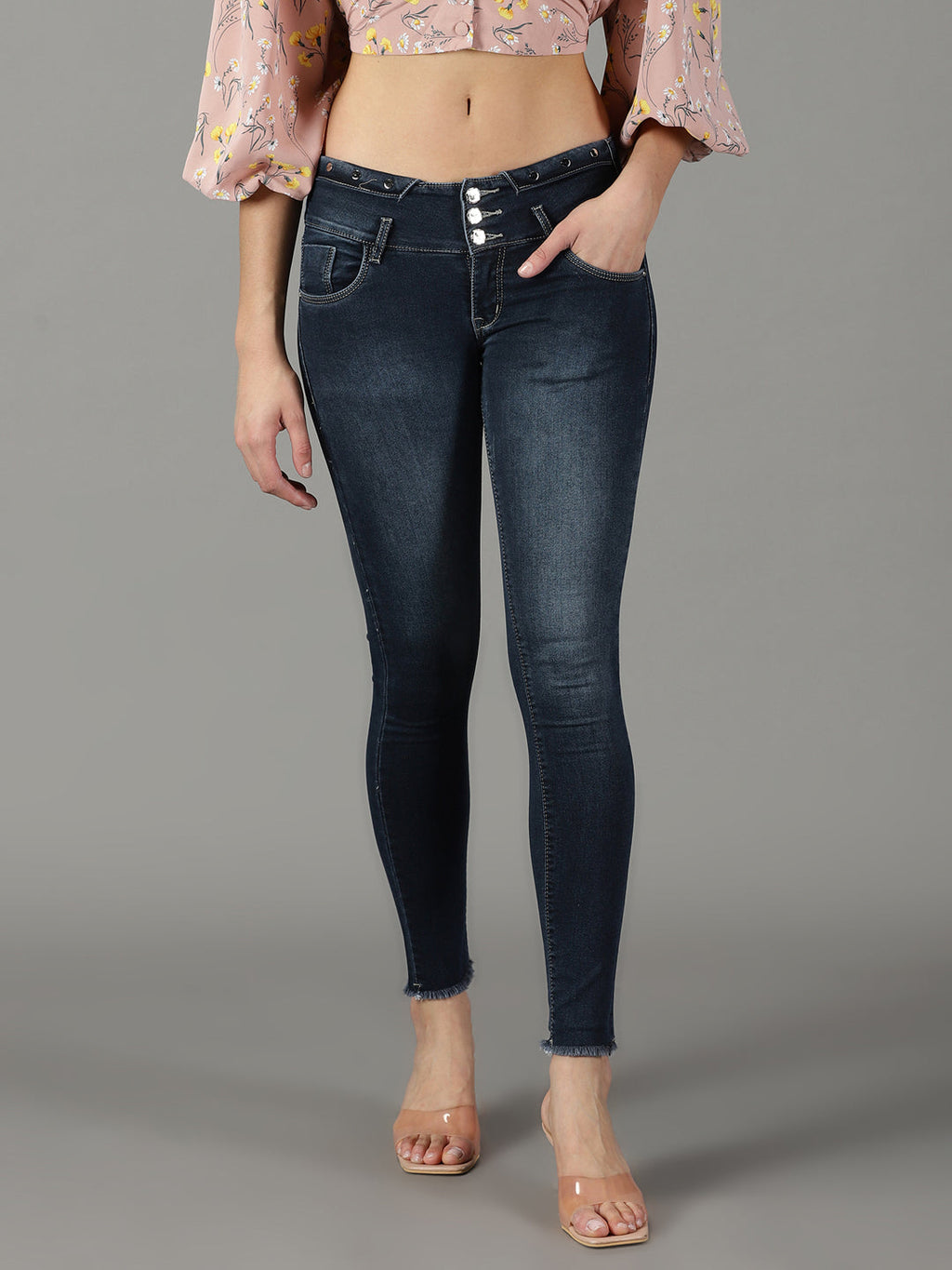 Women's Navy Blue Skinny Fit High-Rise Light Fade Acid Wash Stretchable Jeans