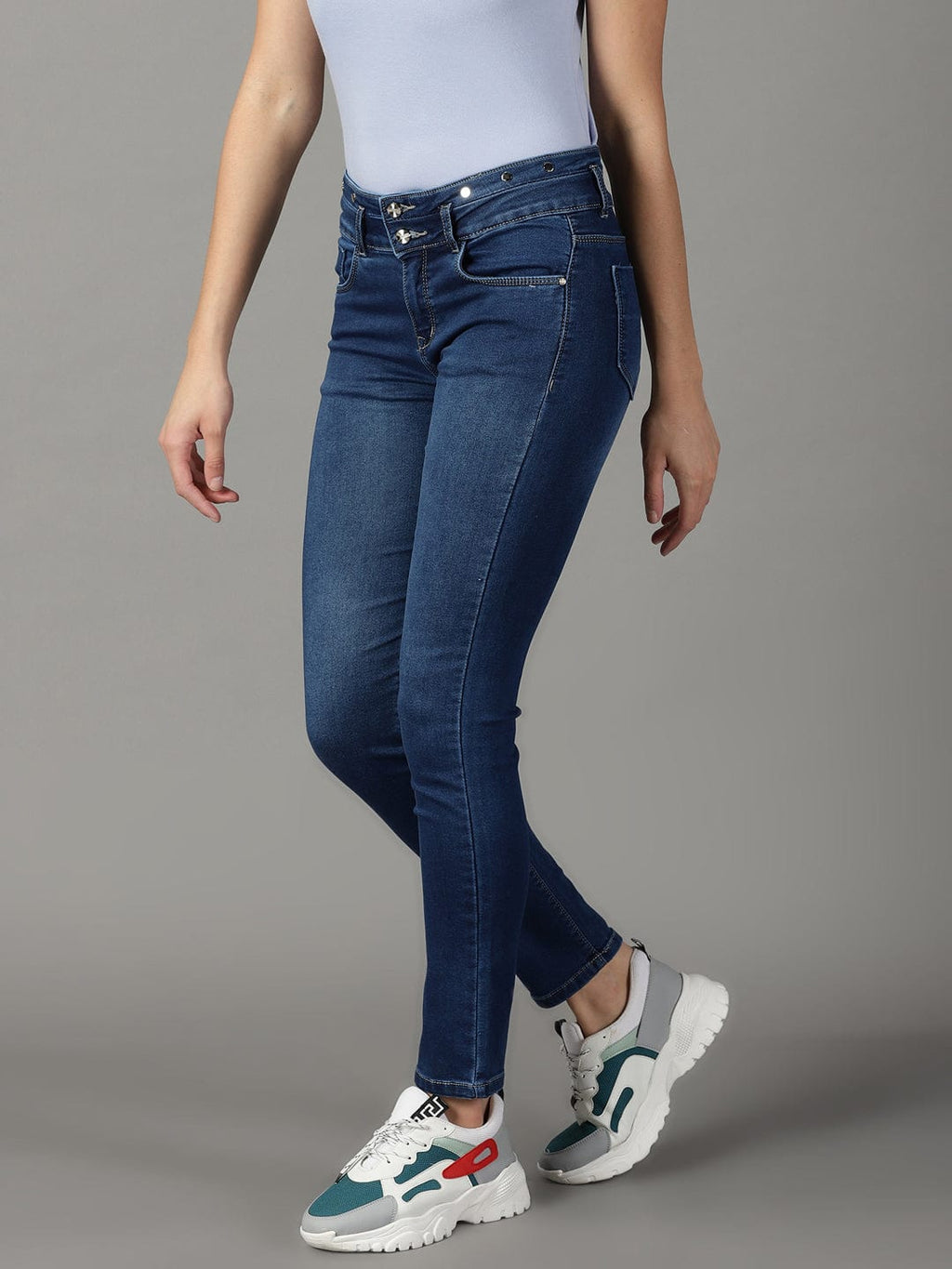Women's Navy Blue Tapered Fit High-Rise Light Fade Stretchable Cotton Jeans