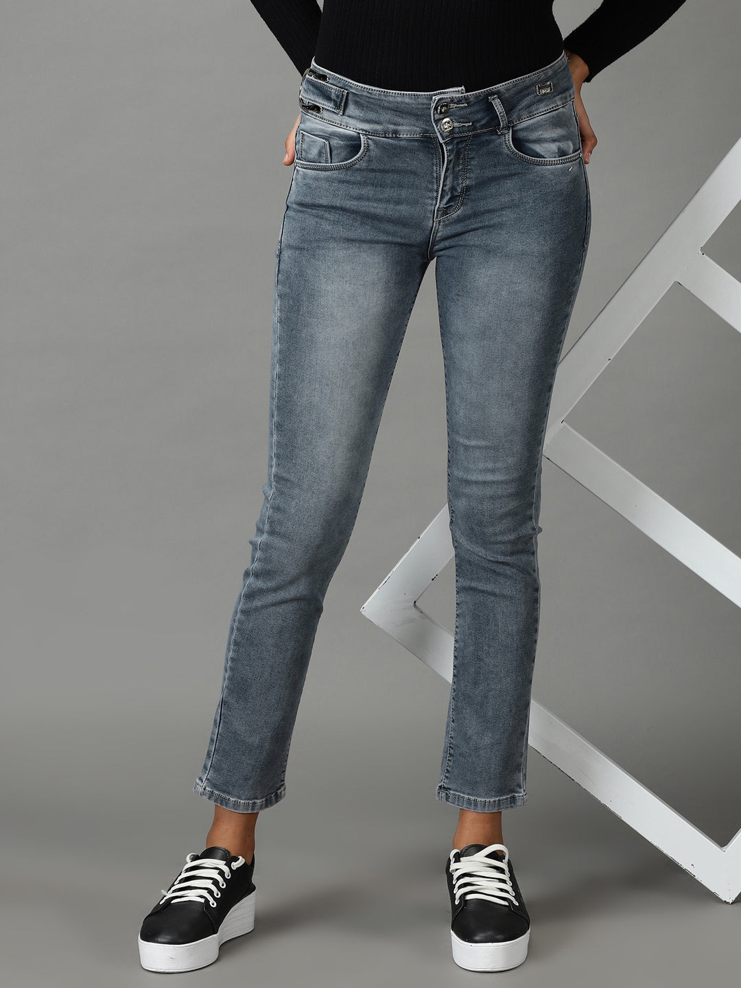 Women's Grey High-Rise Light Fade Stretchable Cotton Jeans