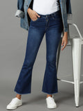 Women's Navy Blue Bootcut High-Rise Light Fade Acid Wash Stretchable Cotton Jeans