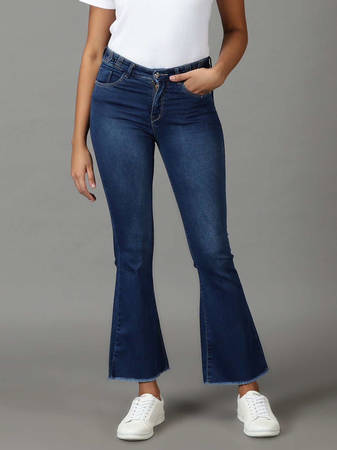Women's Navy Blue Bootcut High-Rise Light Fade Acid Wash Stretchable Cotton Jeans