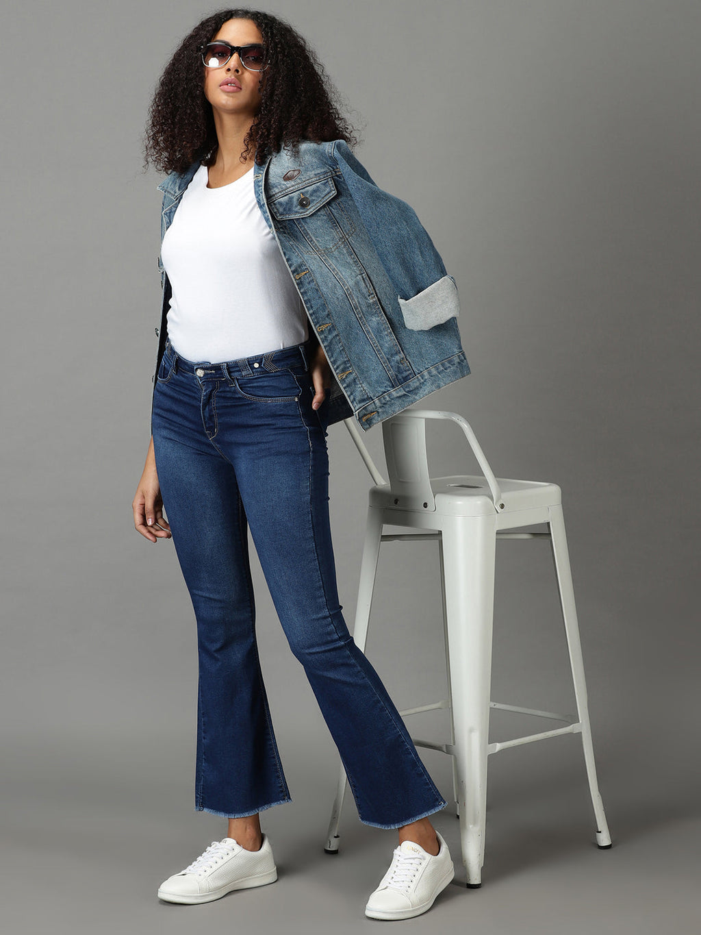 Women's Navy Blue Bootcut High-Rise Light Fade Acid Wash Stretchable Cotton Jeans